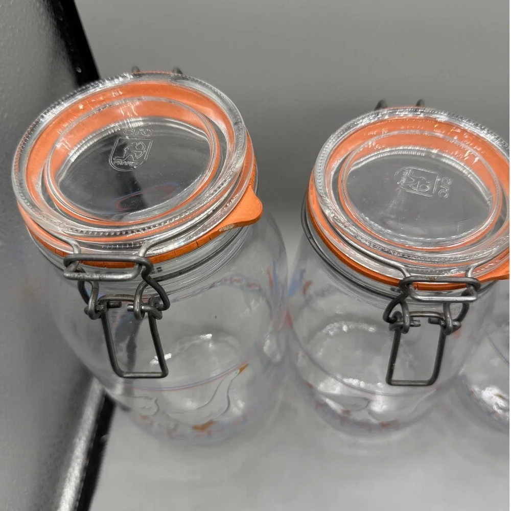 Vintage ARC France Hearts & Geese Glass Canister Set 4 Clamp Lid Wire Bail Jars